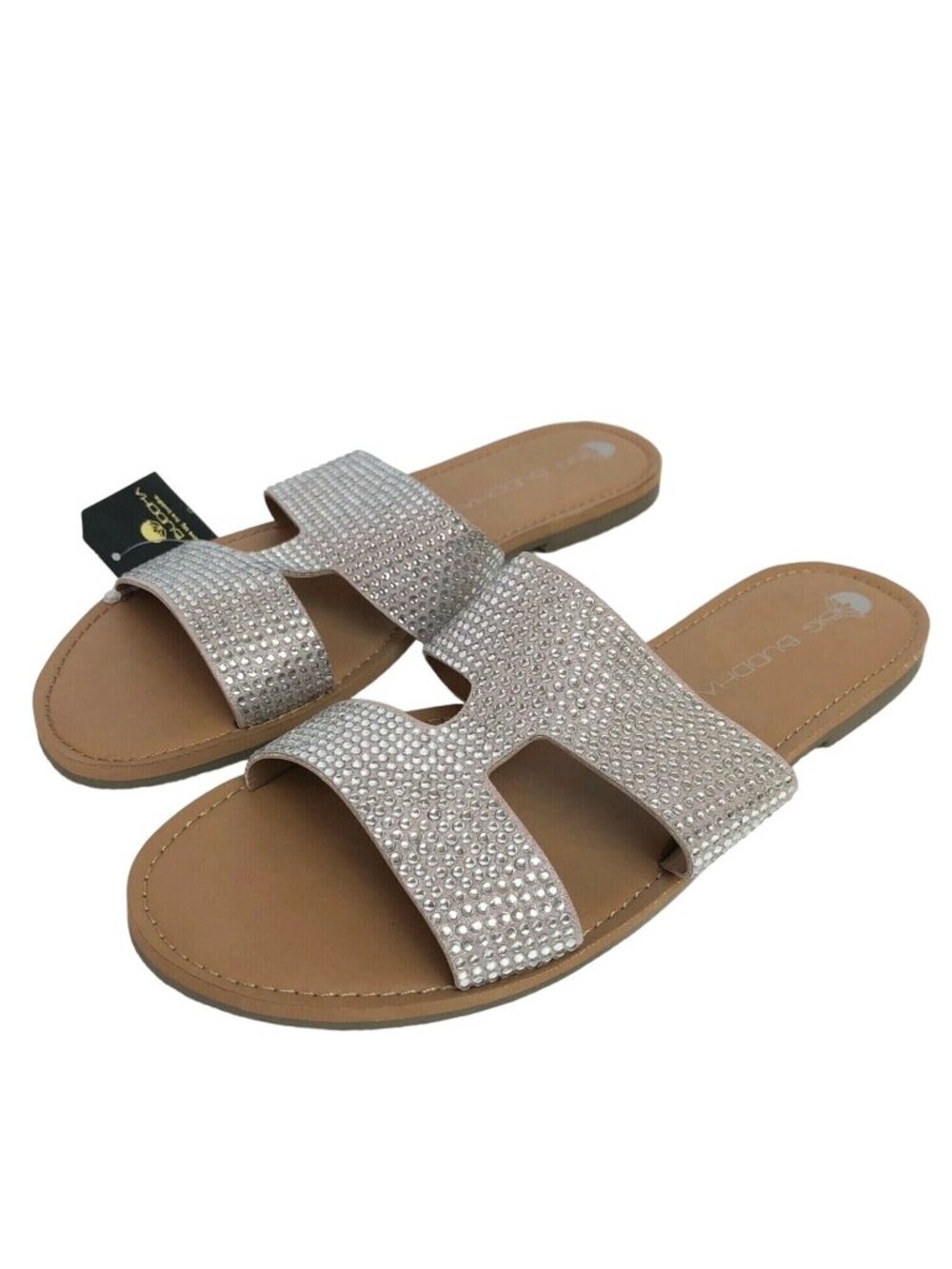 NEW Big Buddha Womens 8 Silver Bling Rhinestone Flat Slip On Slide Sandals NWT